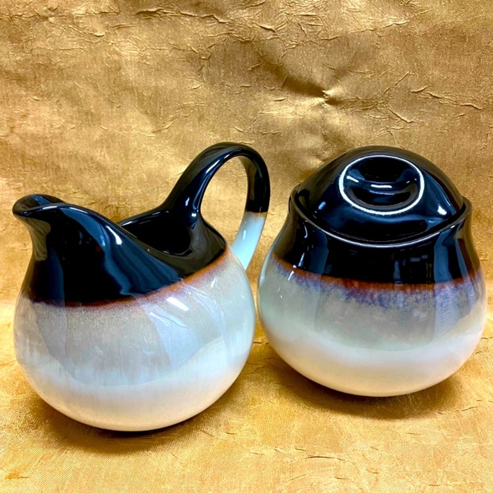 Beautiful 3 Pcs Sango Nova Black #4932 Sugar Bowl & Creamer